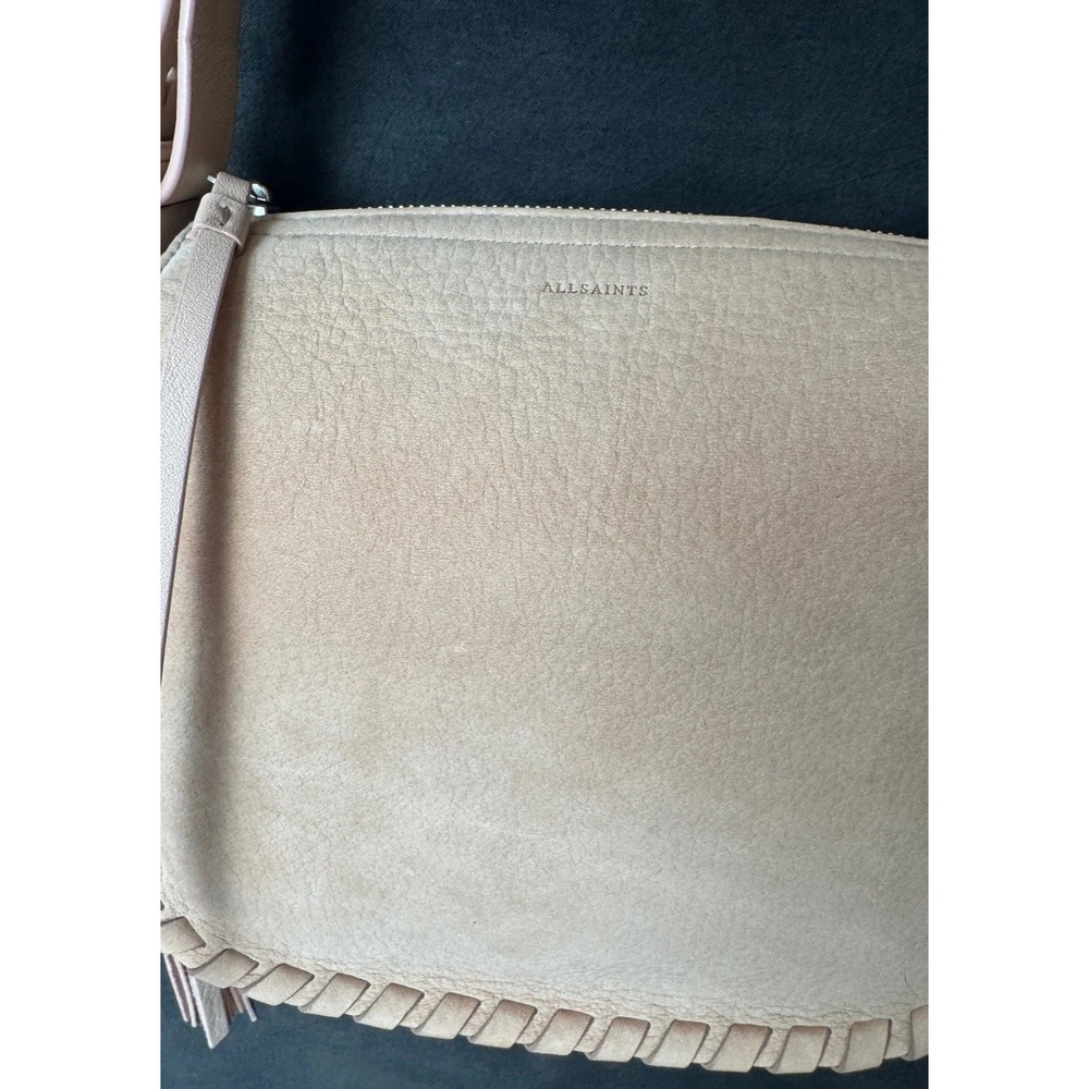 AllSaints Leather Suede Crossbody Bag Beige Tan Tassel Fringe Festival Boho Fall - Picture 3 of 14